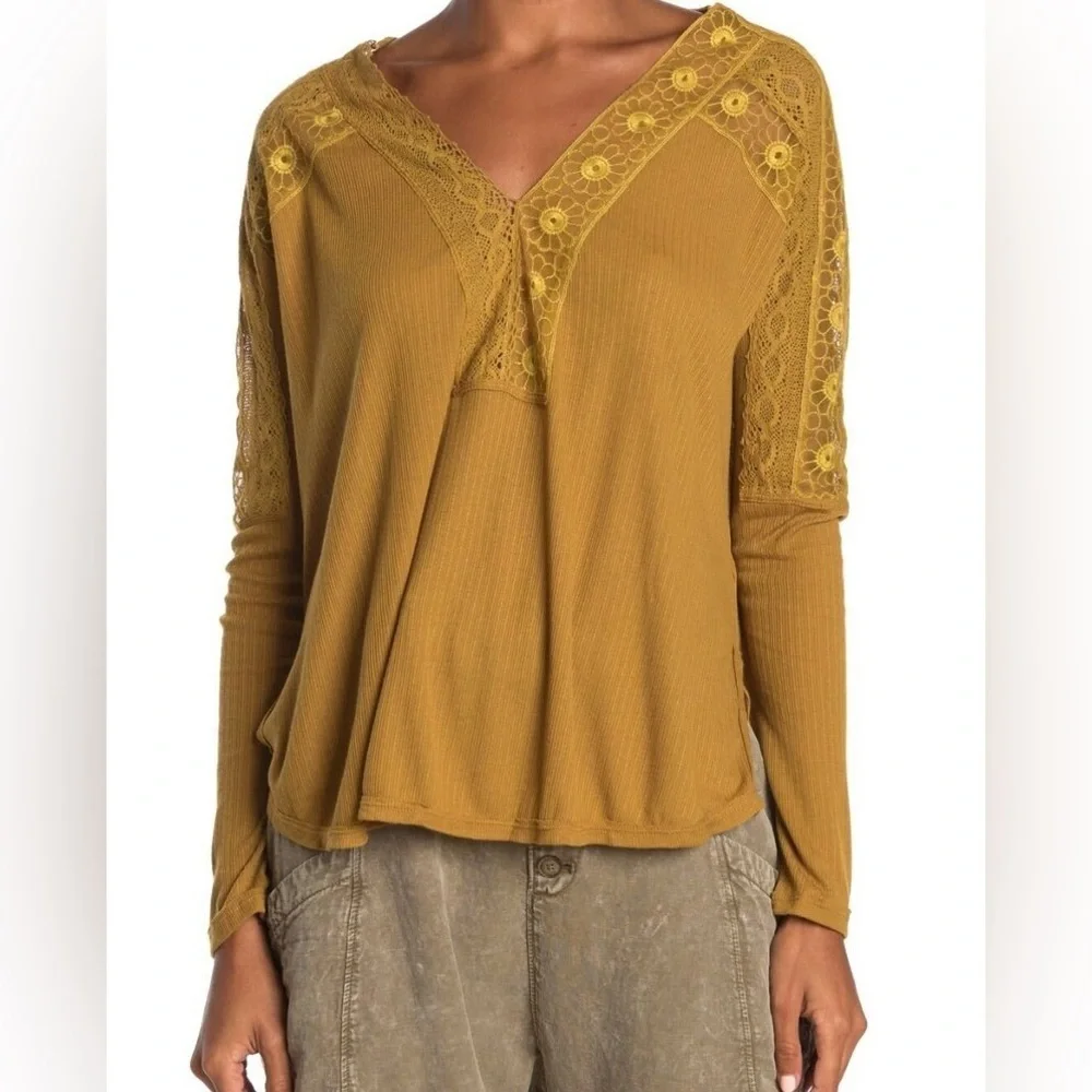 Free People‎ Women's Lola Long-Sleeve Blouse, Mustard Yellow Boho Lace Trim